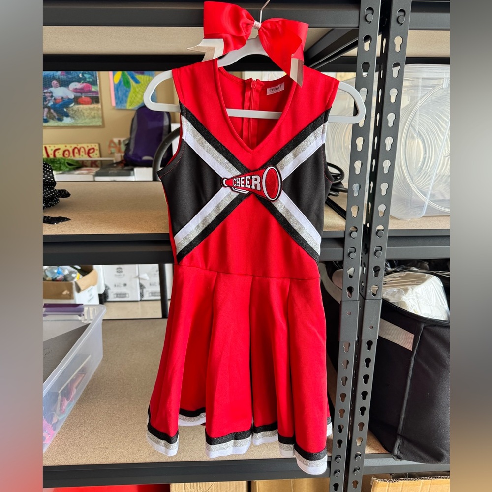 Cheer Leader dress with hair bow and pom poms